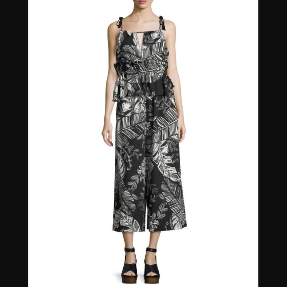 See By Chloe Monochrome Tropical Palm Print Shoulder Tie Ruffle Sleeveless Top - Picture 4 of 6